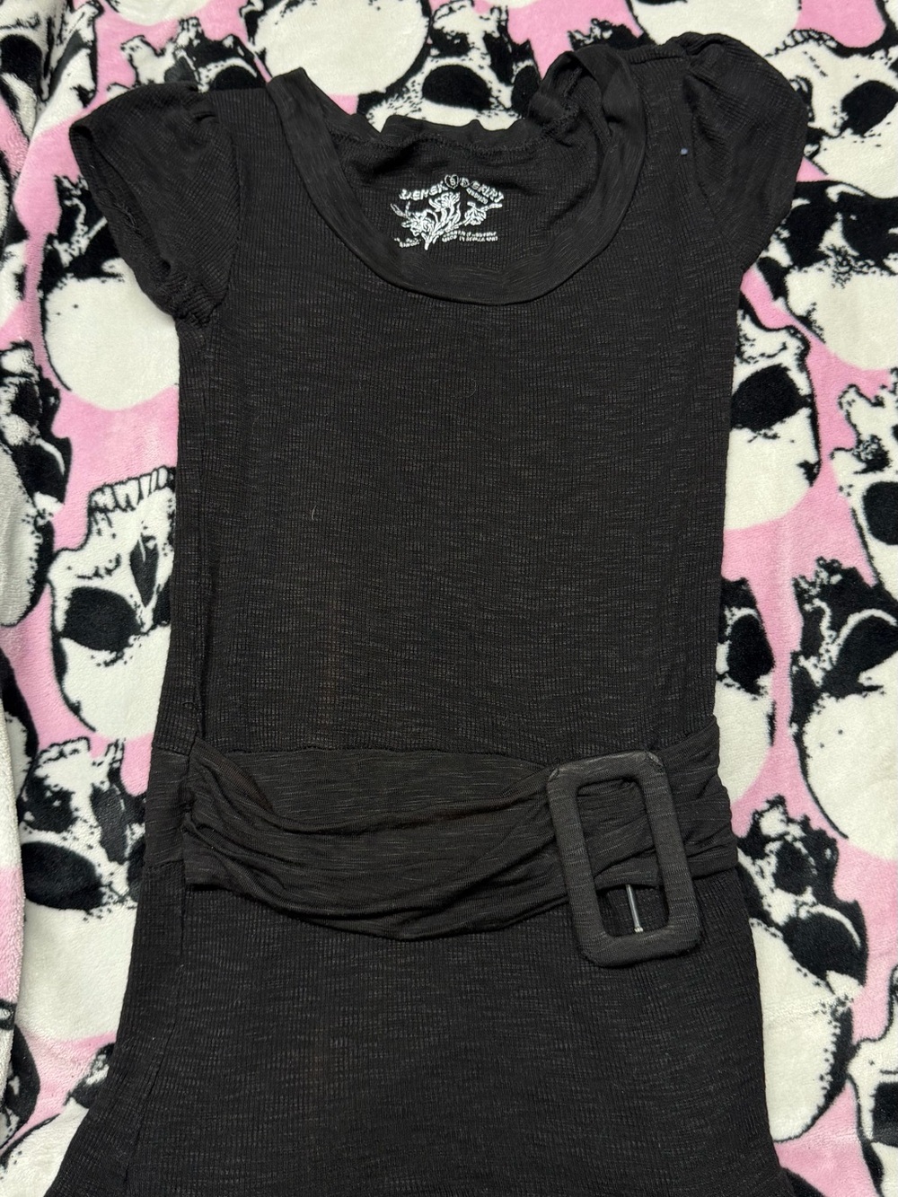 Source Unknown Black Short Sleeve Belted Tunic Top